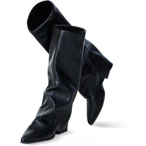 Women's Black  Leather Knee High Pointed Toe  Wide Calf Stylish Fold Over Boot
